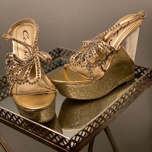 Gold Strappy Wedges with Rhinestones